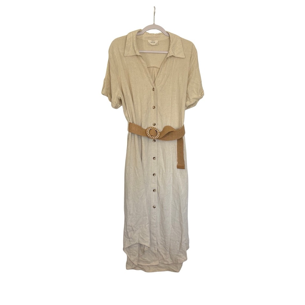 Perch by Blu Pepper Women's Collared Button Down Tab Sleeve Belted Midi Dress 1X
